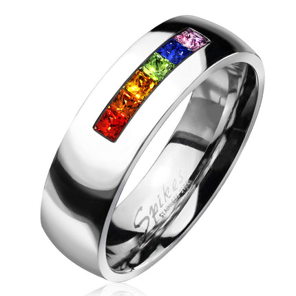 Centered String of Rainbow Color Gems Band Ring Stainless Steel