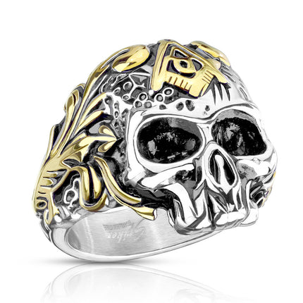 Two Tone Skull with Masonic Emblem Stainless Steel Ring