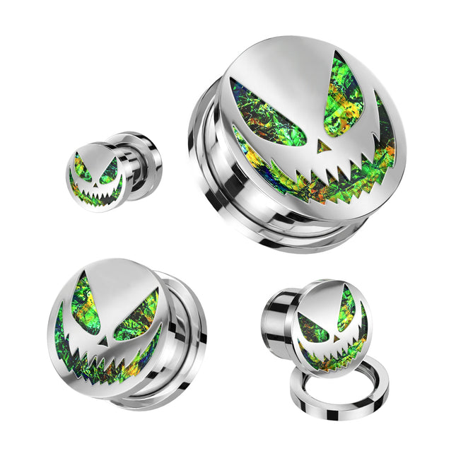 Green Opal Glitter Halloween Smile Steel Screw Fit Tunnel