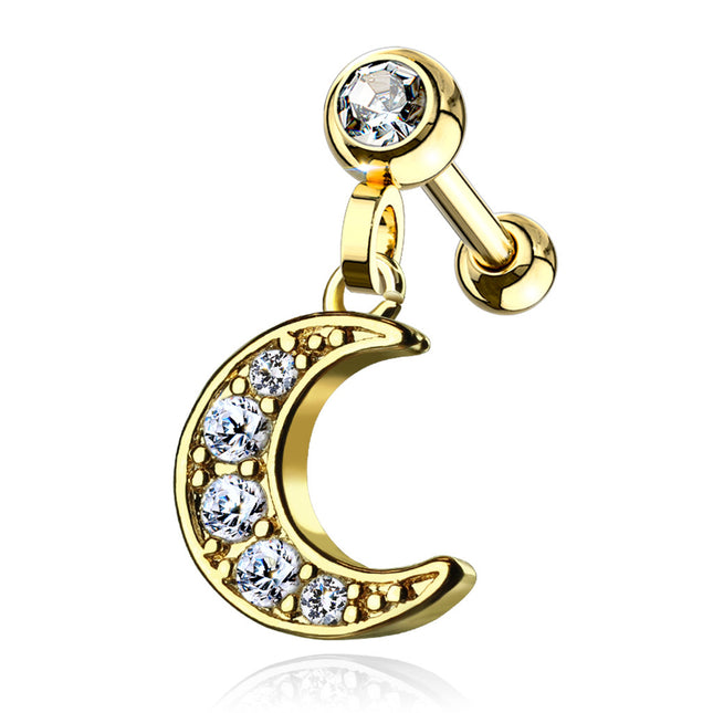 Clear Gem Paved Moon Barbell Stud Gold PVD