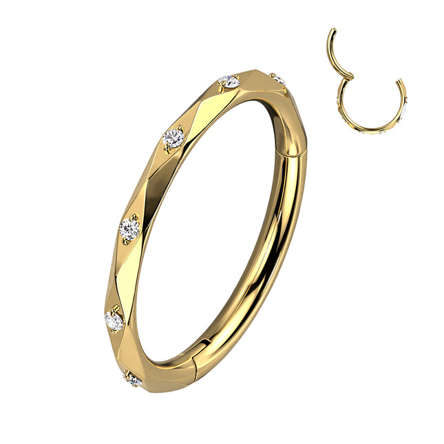 Titanium Hinged Segment Hoop Ring With Clear Gem Accented Diamond Faceted Cuts Gold / Clear
