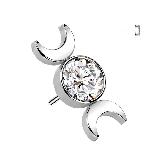 Implant Grade Titanium Threaded Push In Round Bezel Set Top With Double Crescent Moon Clear Gem in Silver or Gold PVD