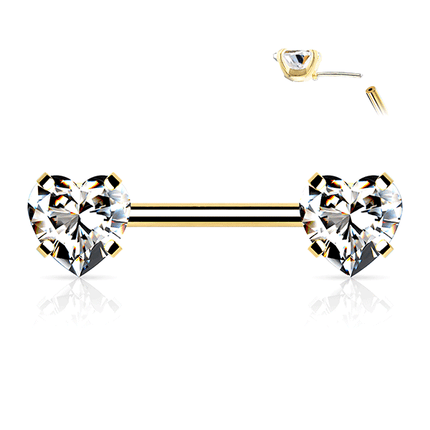 Threadless Heart Gem Prong Set Gold Plated Decorative Nipple Bar Clear Crystal