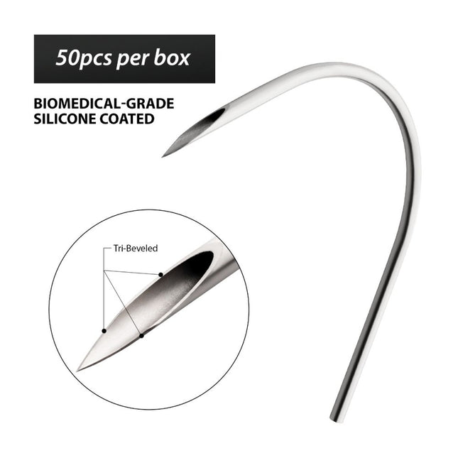 Invictus Tri-Beveled Ultra-Sharp Tips Biomedical-Grade Silicone Coated Piercing Curved Needles (50 needles per box)