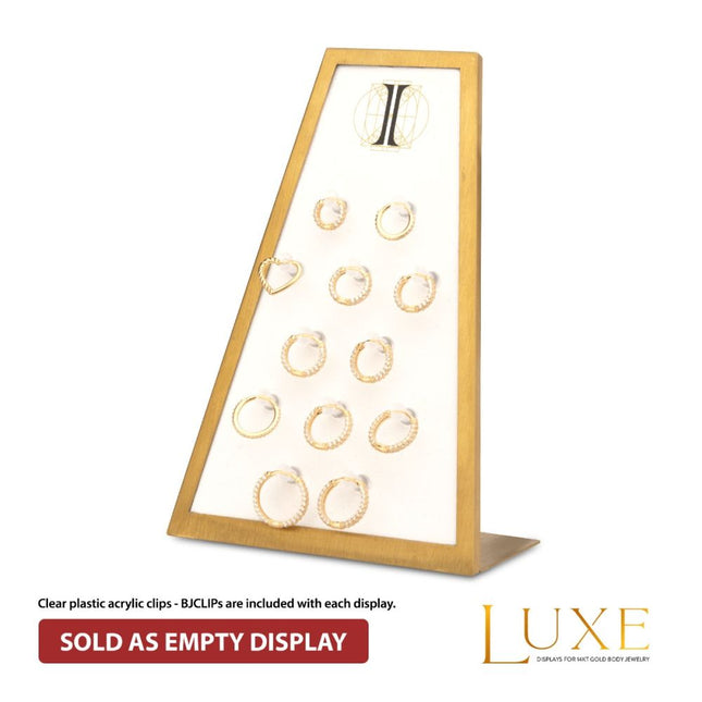 Invictus Satin Brass Frame on White Leatherette with 12-BJ Clip Hole Empty Display for 14Kt Gold Jewelry