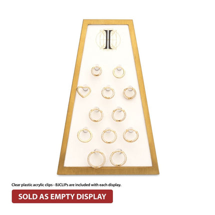 Invictus Satin Brass Frame on White Leatherette with 12-BJ Clip Hole Empty Display for 14Kt Gold Jewelry