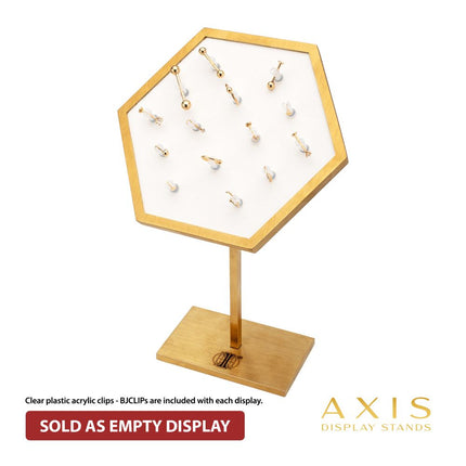Invictus Satin Brass Hexagonal Frame on White Leatherette with 14-BJ Clip Hole Empty Display Stand for 14Kt Gold Jewelry