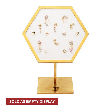Invictus Satin Brass Hexagonal Frame on White Leatherette with 14-Pin Hole Empty Display Stand for 14Kt Gold Threadless Tops