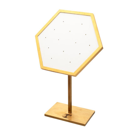 Invictus Satin Brass Hexagonal Frame on White Leatherette with 14-Pin Hole Empty Display Stand for 14Kt Gold Threadless Tops