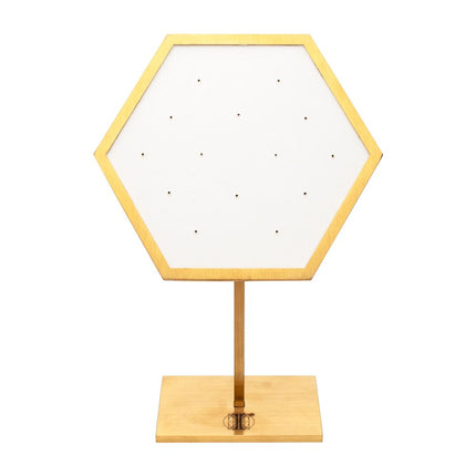 Invictus Satin Brass Hexagonal Frame on White Leatherette with 14-Pin Hole Empty Display Stand for 14Kt Gold Threadless Tops