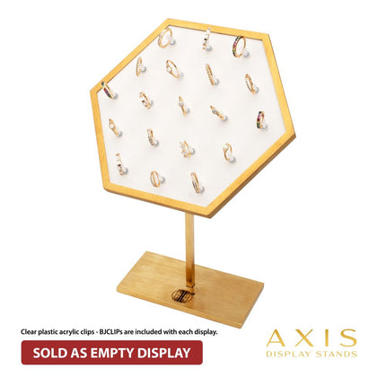 Invictus Satin Brass Hexagonal Frame on White Leatherette with 19-BJ Clip Hole Empty Display Stand for 14Kt Gold Jewelry