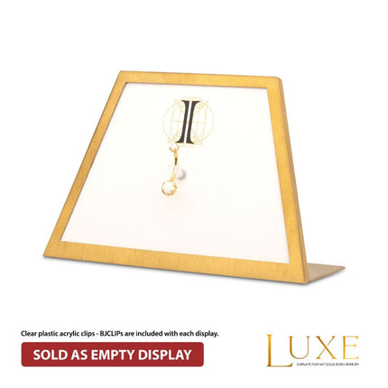 Invictus Satin Brass Frame on White Leatherette with 1-BJ Clip Hole Empty Display for 14Kt Gold Jewelry