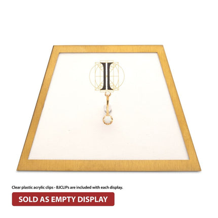 Invictus Satin Brass Frame on White Leatherette with 1-BJ Clip Hole Empty Display for 14Kt Gold Jewelry