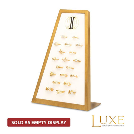 Invictus Satin Brass Frame on White Leatherette with 20-H Hole Empty Display for 14Kt Gold Side Facing Hinged Segment Clickers