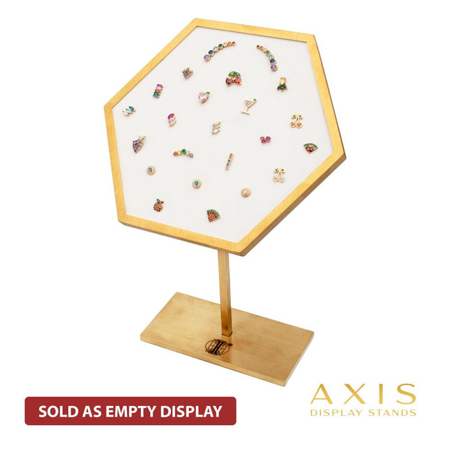 Invictus Satin Brass Hexagonal Frame on White Leatherette with 23-Pin Hole Empty Display Stand for 14Kt Gold Threadless Tops