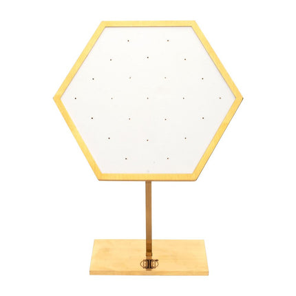 Invictus Satin Brass Hexagonal Frame on White Leatherette with 23-Pin Hole Empty Display Stand for 14Kt Gold Threadless Tops