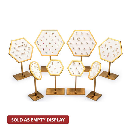 Invictus Satin Brass Hexagonal Frame on White Leatherette with 23-Pin Hole Empty Display Stand for 14Kt Gold Threadless Tops