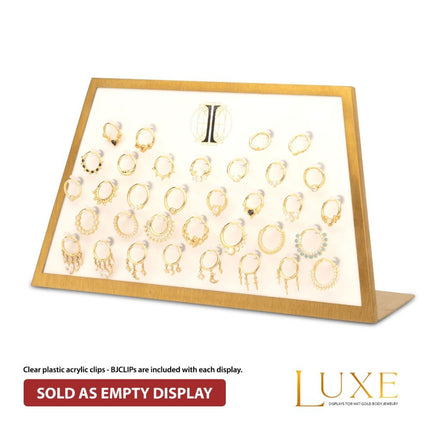 Invictus Satin Brass Frame on White Leatherette with 34-BJ Clip Hole Empty Display for 14Kt Gold Jewelry