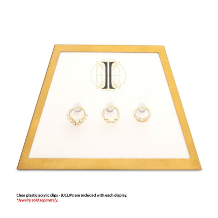 Invictus Satin Brass Frame on White Leatherette with 3-BJ Clip Hole Empty Display for 14Kt Gold Jewelry