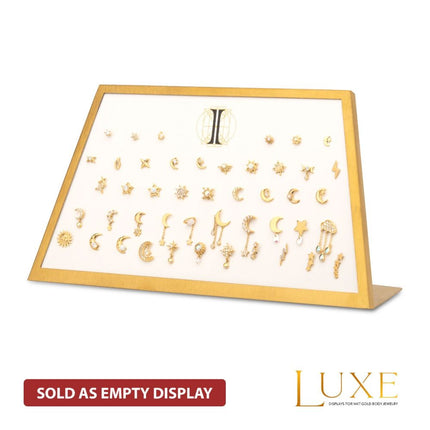Invictus Satin Brass Frame on White Leatherette with 46-Pin Hole Empty Display for 14Kt Gold Threadless Tops