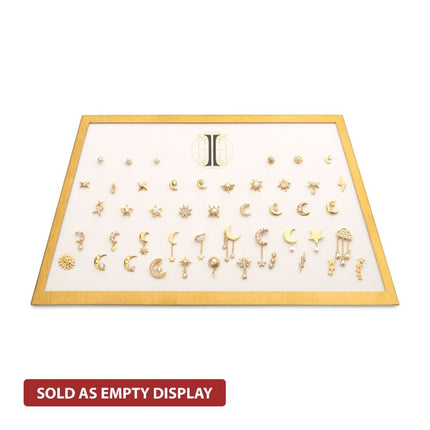 Invictus Satin Brass Frame on White Leatherette with 46-Pin Hole Empty Display for 14Kt Gold Threadless Tops