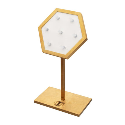 Invictus Satin Brass Hexagonal Frame on White Leatherette with 7-BJ Clip Hole Empty Display Stand for 14Kt Gold Jewelry