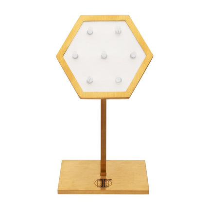 Invictus Satin Brass Hexagonal Frame on White Leatherette with 7-BJ Clip Hole Empty Display Stand for 14Kt Gold Jewelry