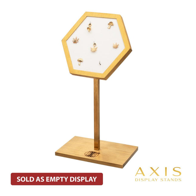 Invictus Satin Brass Hexagonal Frame on White Leatherette with 7-Pin Hole Empty Display Stand for 14Kt Gold Threadless Tops