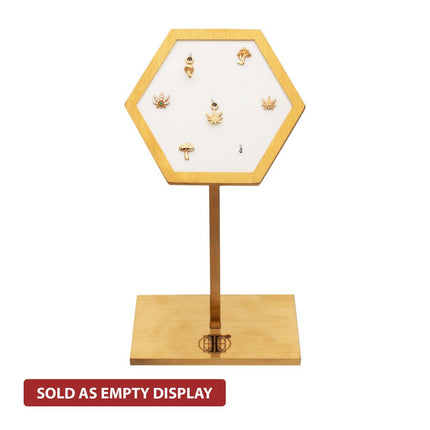 Invictus Satin Brass Hexagonal Frame on White Leatherette with 7-Pin Hole Empty Display Stand for 14Kt Gold Threadless Tops