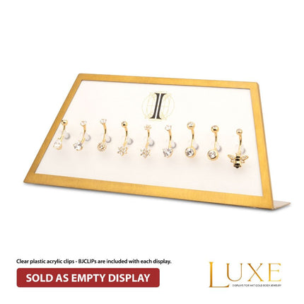 Invictus Satin Brass Frame on White Leatherette with 9-BJ Clip Hole Empty Display for 14Kt Gold Jewelry