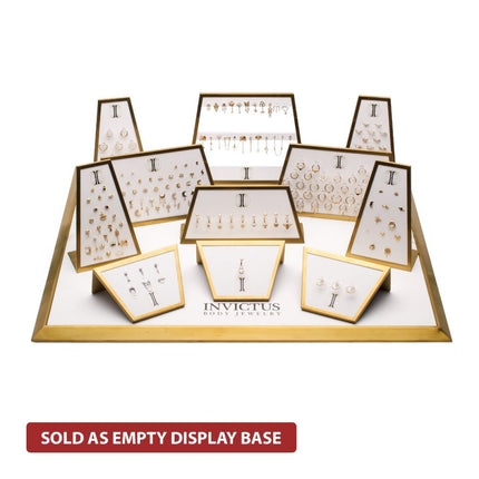 Invictus Satin Brass Frame on White Leatherette with 24-Pin Hole Empty Display for 14Kt Gold Threadless Tops