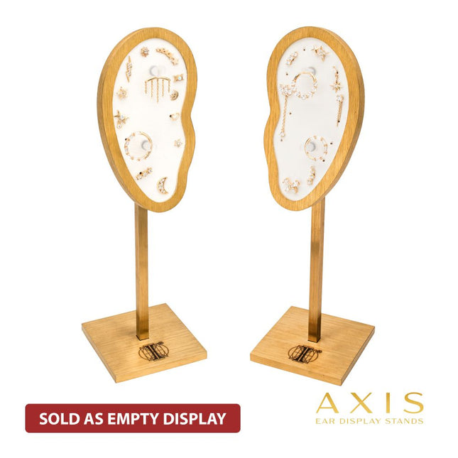 Invictus Satin Brass Frame on White Leatherette with 2-BJ Clip & 14-Pin Hole, Left & Right Empty Ear Display Stands