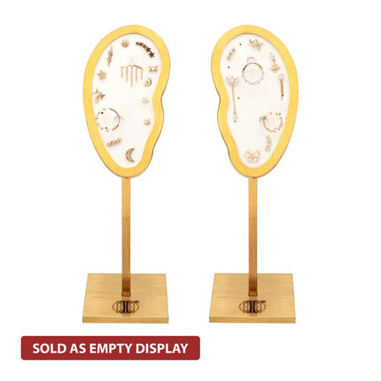 Invictus Satin Brass Frame on White Leatherette with 2-BJ Clip & 14-Pin Hole, Left & Right Empty Ear Display Stands