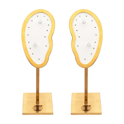 Invictus Satin Brass Frame on White Leatherette with 2-BJ Clip & 14-Pin Hole, Left & Right Empty Ear Display Stands