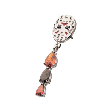 Invictus Titanium Threadless Enamel Friday The 13th Jason Mask Top with Garnet / Black Gem Dangle