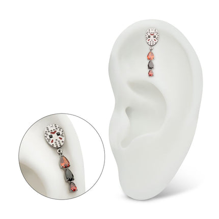 Invictus Titanium Threadless Enamel Friday The 13th Jason Mask Top with Garnet / Black Gem Dangle