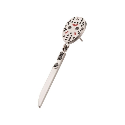 Invictus Titanium Threadless Enamel Friday The 13th Jason Mask Top with Black Gem Knife Dangle