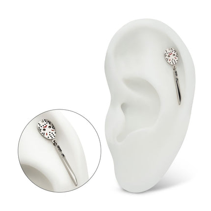 Invictus Titanium Threadless Enamel Friday The 13th Jason Mask Top with Black Gem Knife Dangle