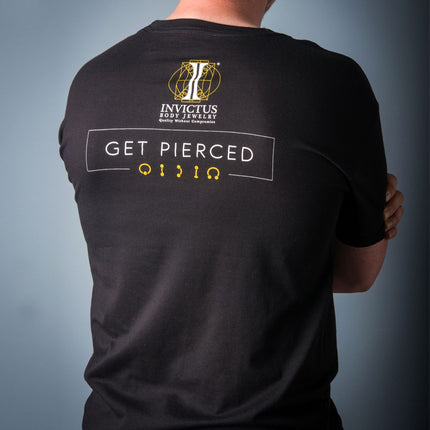 Invictus Men's Soft Cotton T-Shirt with "Ti 6Al-4V ELI ASTM-F136" on front and "Get Pierced" Slogan at the back