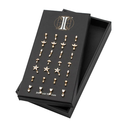 Invictus 24Kt Gold PVD Titanium Threadless Dangle Top Collection and Display