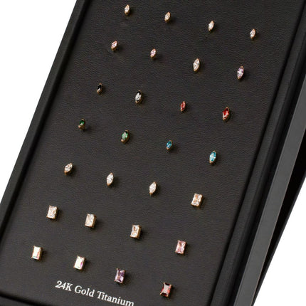 Invictus 24Kt Gold PVD Titanium Emerald & Marquise Cut Gem Threadless Top Collection and Display