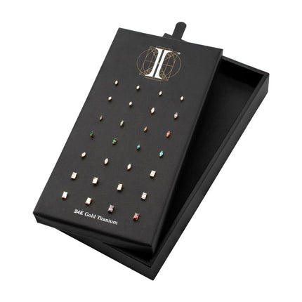 Invictus 24Kt Gold PVD Titanium Emerald & Marquise Cut Gem Threadless Top Collection and Display