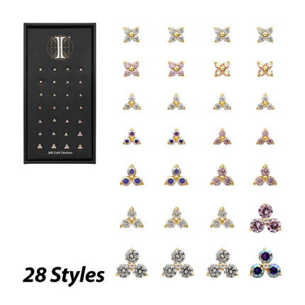 Invictus 24Kt Gold PVD Titanium Quadra & Refined Trinity Threadless Top Collection and Display