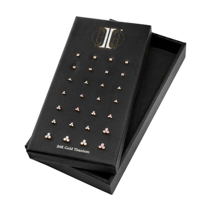 Invictus 24Kt Gold PVD Titanium Quadra & Refined Trinity Threadless Top Collection and Display
