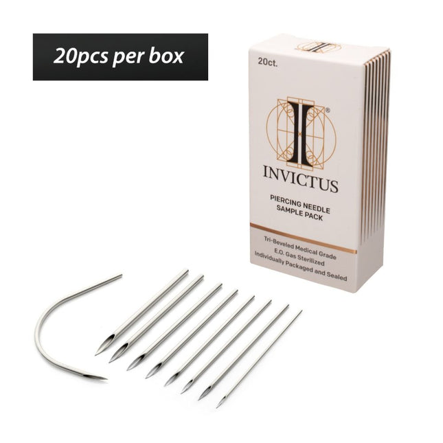 Invictus Tri-Beveled Ultra-Sharp Tips Biomedical-Grade Silicone Coated Piercing Needles Sample Pack (20 needles per box)