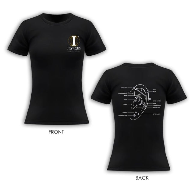 Invictus Women's Soft Cotton T-Shirt with Invictus Logo on front and an Ear Piercing Diagram at the back