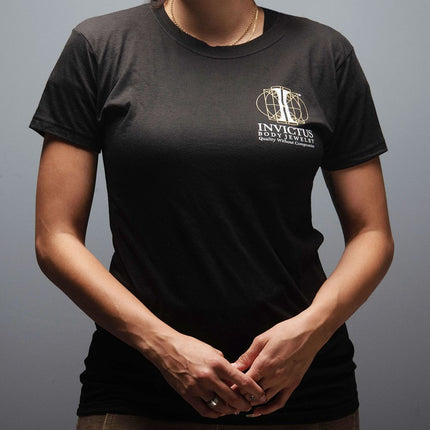 Invictus Women's Soft Cotton T-Shirt with Invictus Logo on front and an Ear Piercing Diagram at the back