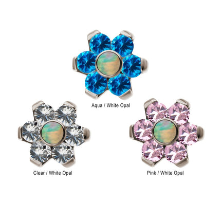 Invictus Titanium Internally Threaded White Synthetic Opal and CZ Gem Flower Top