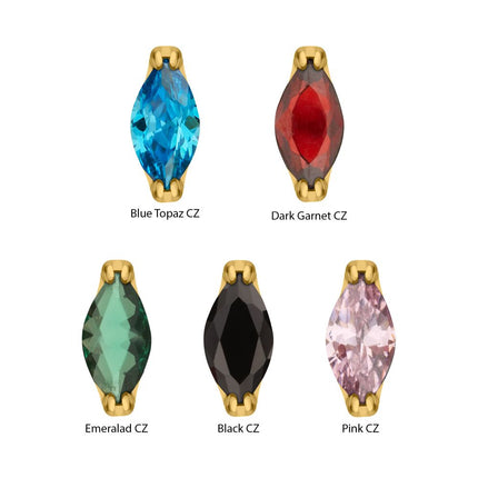 Invictus 24KT Gold PVD Titanium Threadless Double V-Prong 3mm Marquise CZ Gem Top