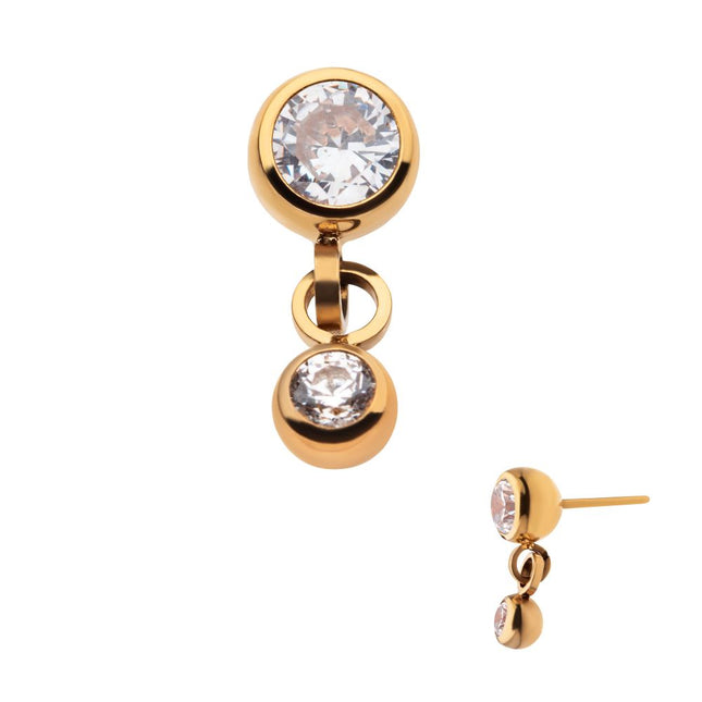 Invictus 24Kt Gold PVD Titanium Threadless Double Bezel Set CZ Dangle Top